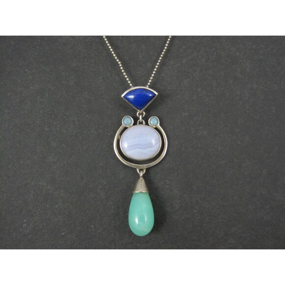 Sterling Lapis Lazuli Banded Agate Aventurine Opal Pendant - Picture 2 of 16